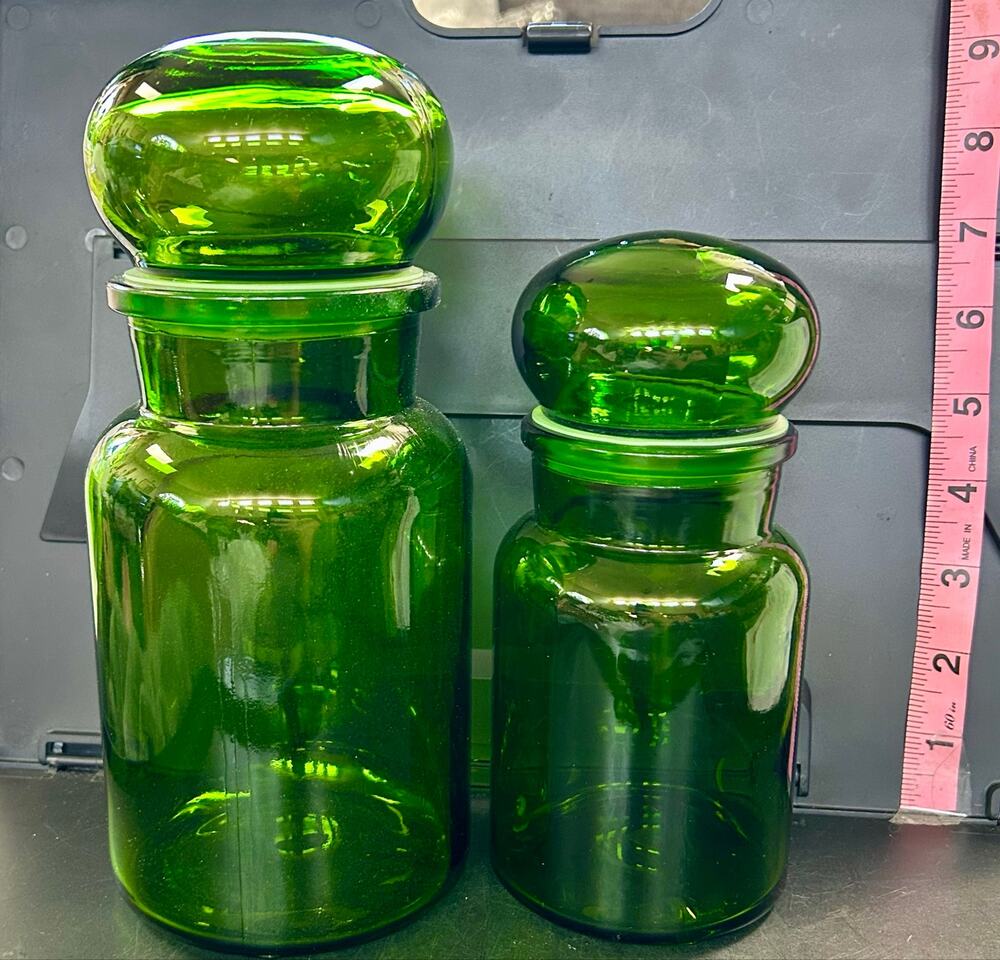 Set of Apothecary Jars w/ Sealed Bubble Top Lids Vintage Green Glass Belgium